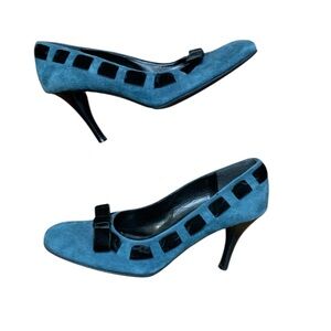 Massimo Baldi Unique Teal Suede Heels w Black Velvet Ribbon Woven